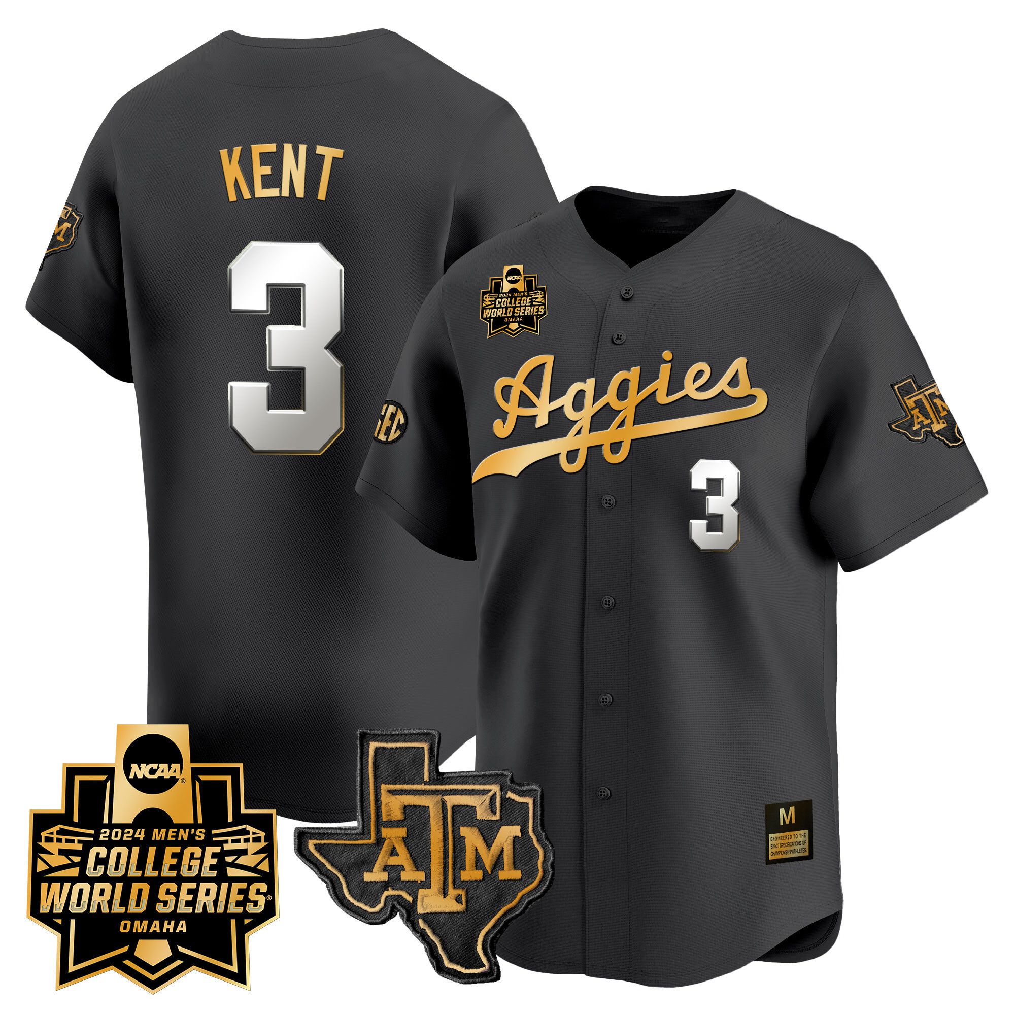Men Texas A&M Aggies 3 Kent Black 2024 College World Series Vapor Premier Limited NCAA Jersey
